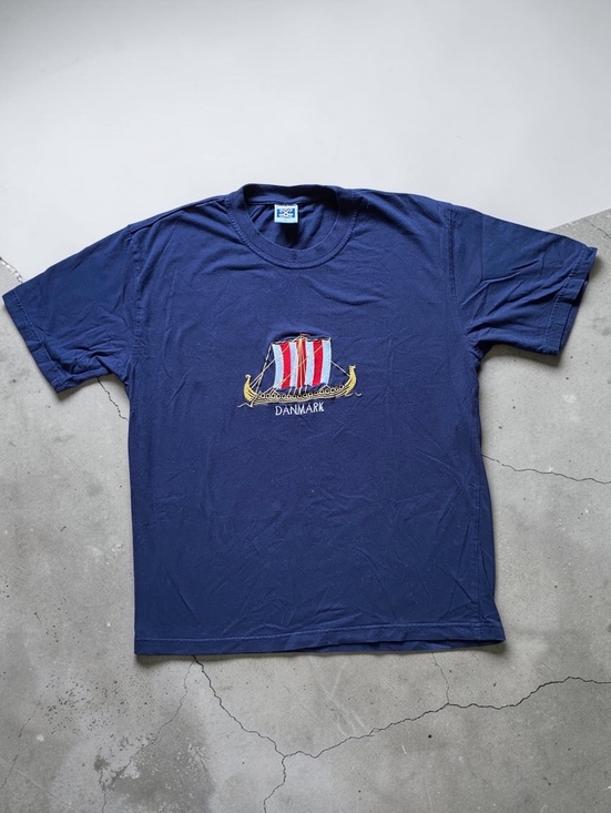 Other - Danmark Men T-Shirt Large Regular Fit Navy Cotton Embroidered Viking Ship